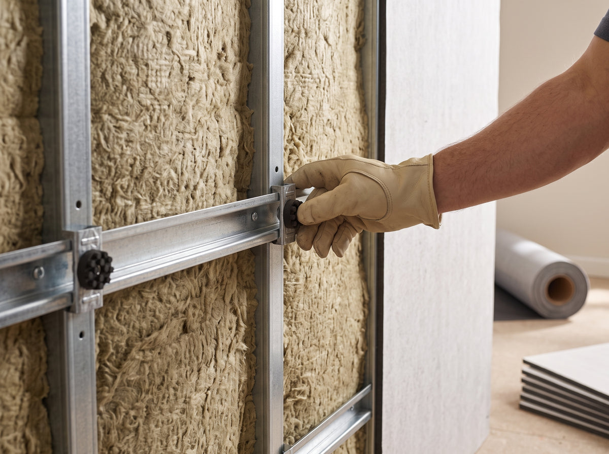 Isolation clips and channel on a wall during installation