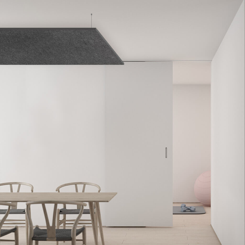 Suspended grey panels for indoor spaces