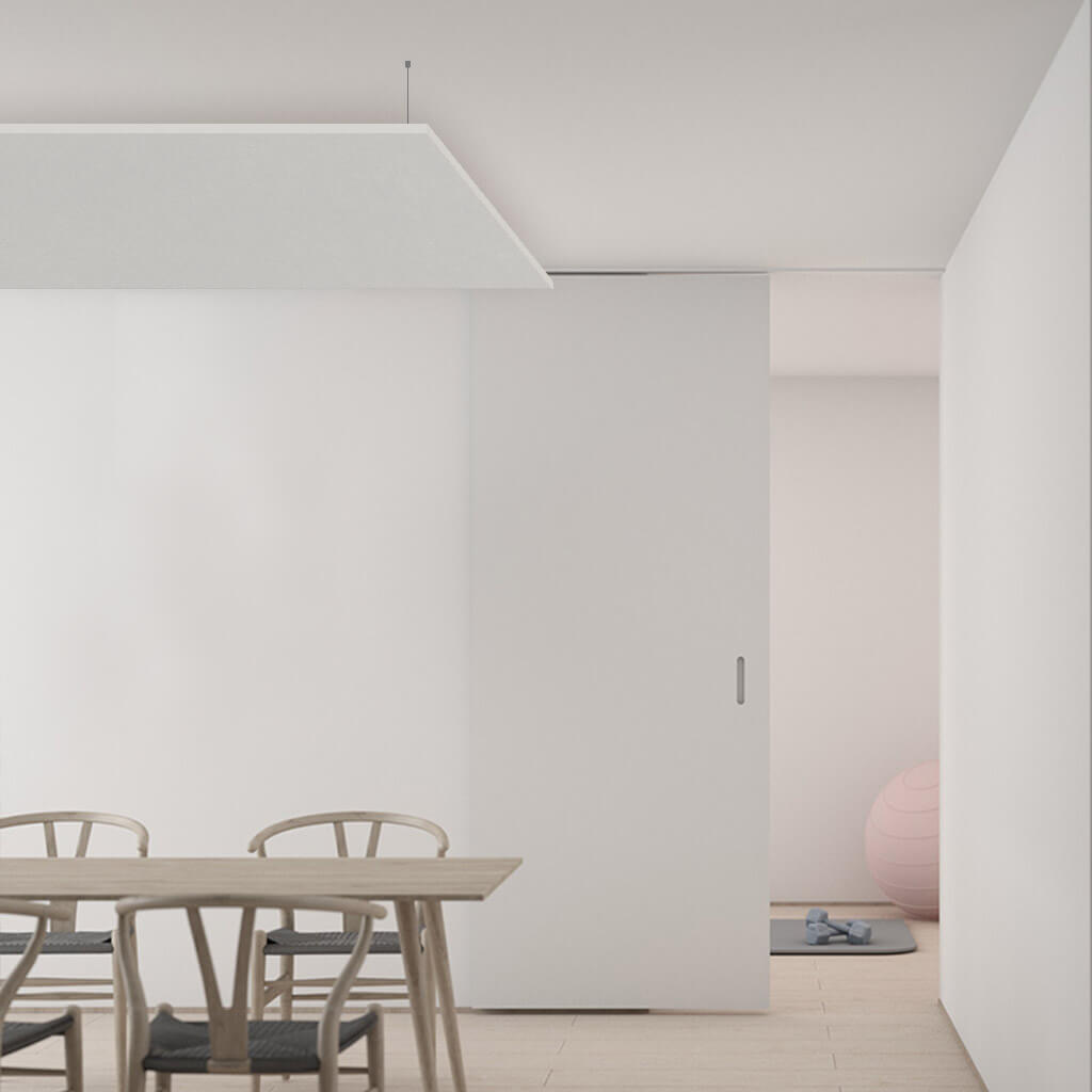 Suspended white panels for indoor spaces