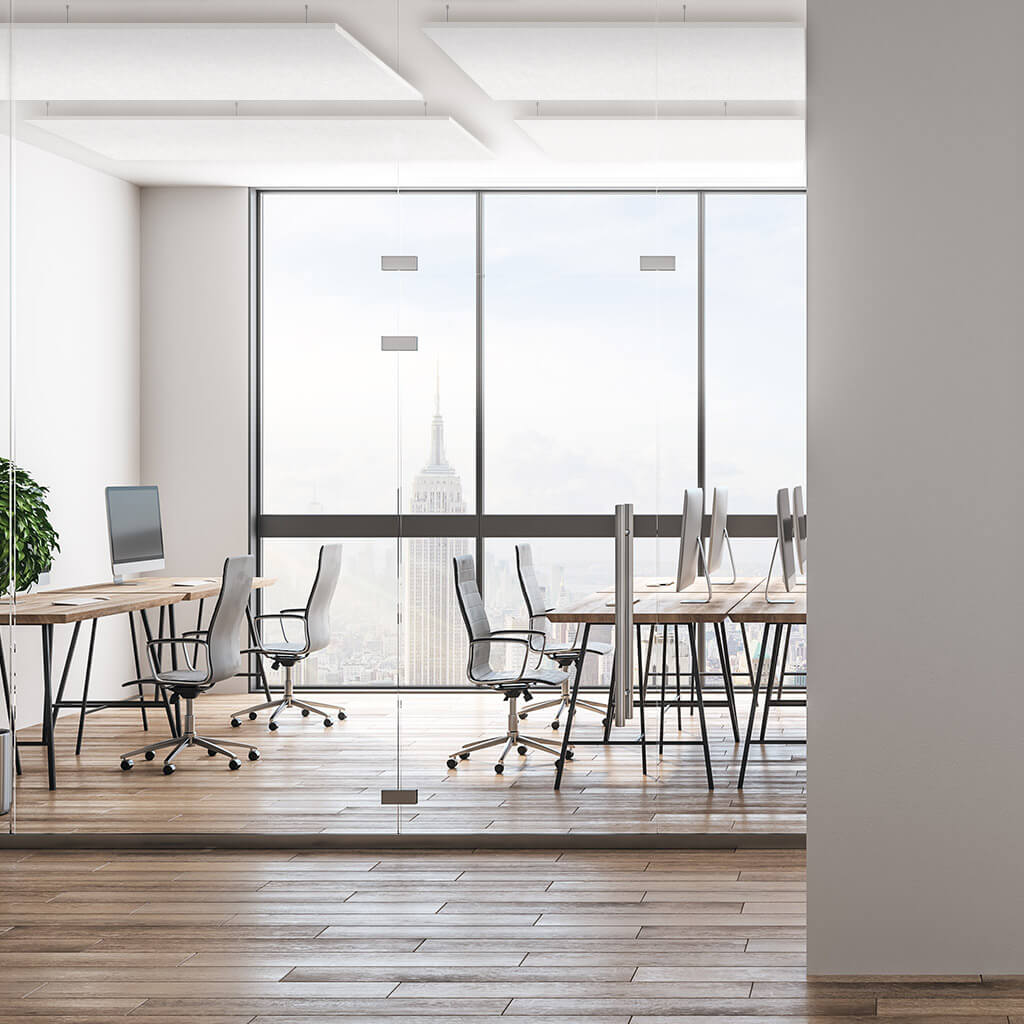 Suspended white panels for office